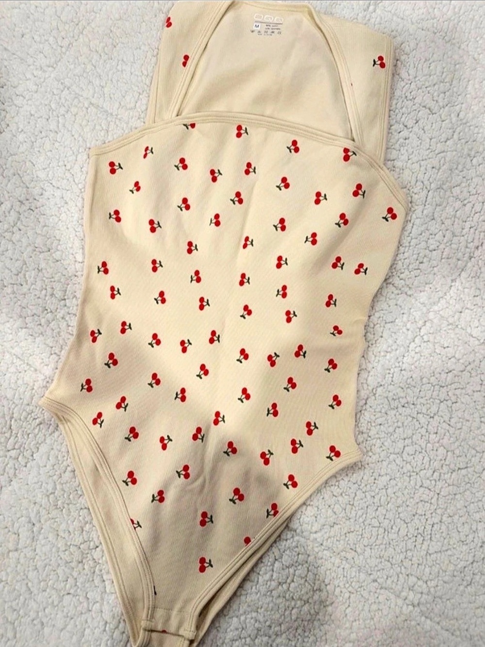 OQQ Ribbed Cherry Print Square Neck Bodysuit Cream & Red